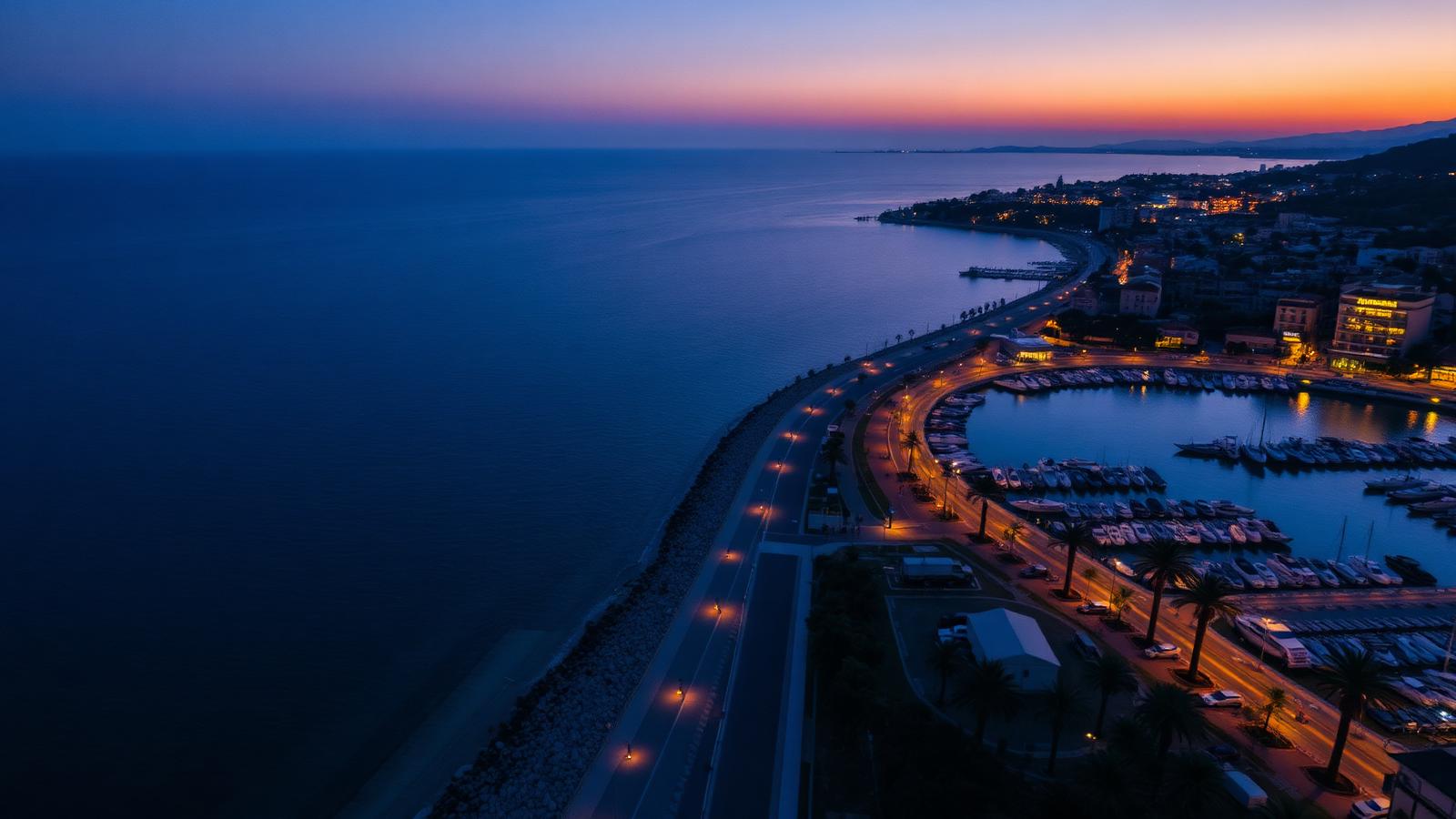Vista aérea al atardecer del paseo marítimo y el puerto de la Costa del Sol